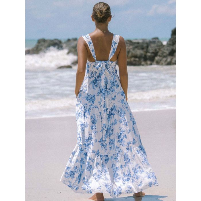 Relaxed Floral Square Neck Pocket Resort Tiered Maxi Sundress