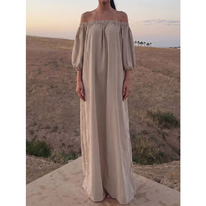 Retro Off Shoulder Puff Sleeve Oversized Lined Cotton Striped Maxi…