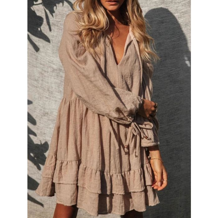 Relaxed Tie Neck Layered Balloon Sleeve Ruffle Resort Babydoll Mini…