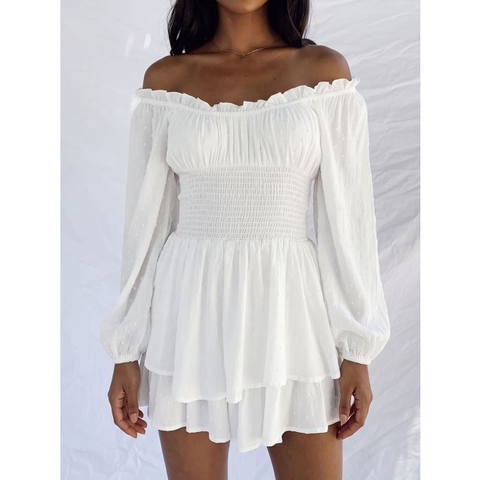 Playful Ruffle Off Shoulder Smocked Bishop Sleeve Resort Tiered Rom…