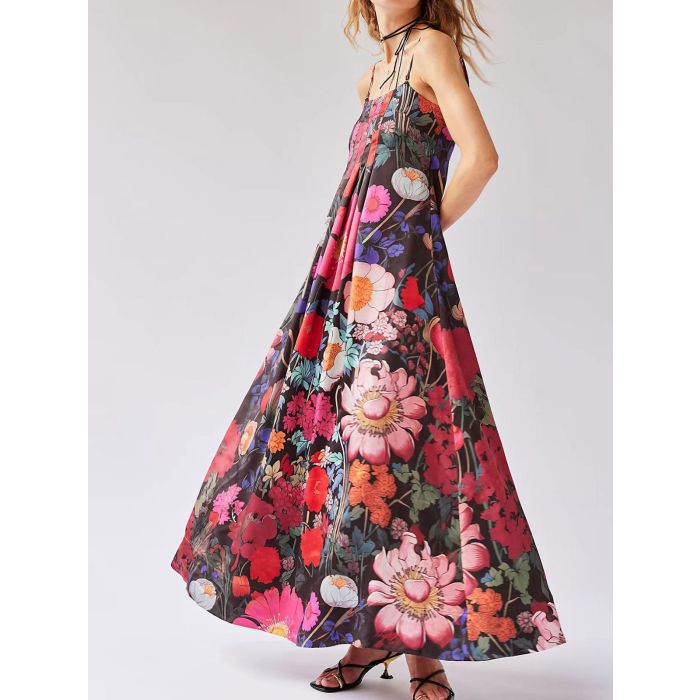 Tropical Floral Square Neck a Line Resort Pintuck Maxi Dress