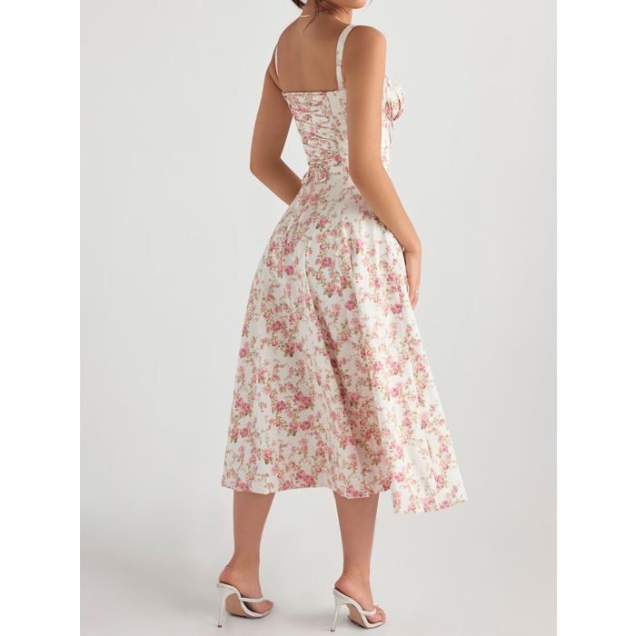 Flowy Tie Front Sweetheart Lace Up Resort Slit Floral Midi Sundress