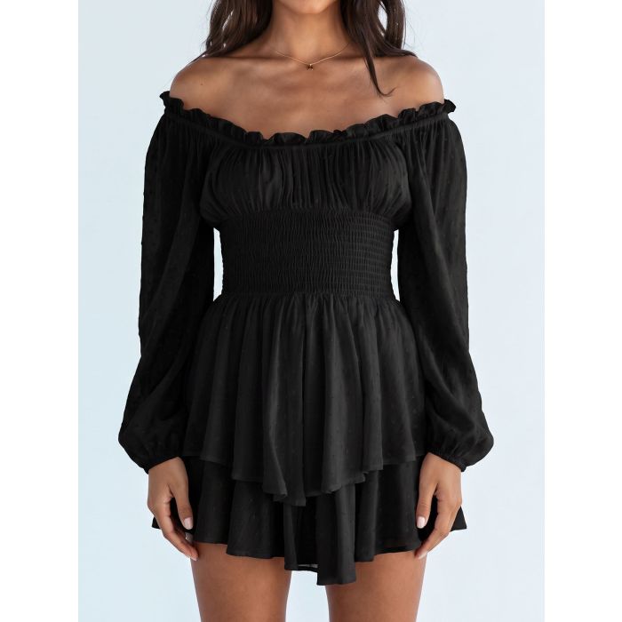 Playful Ruffle Off Shoulder Smocked Bishop Sleeve Resort Tiered Rom…