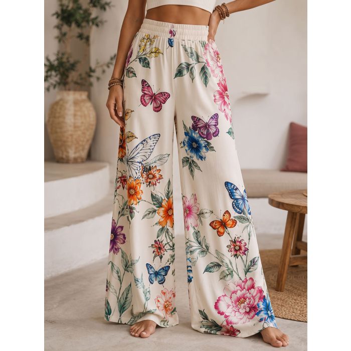 Relaxed Butterfly Floral High Waist Wide Leg Resort Palazzo Pants