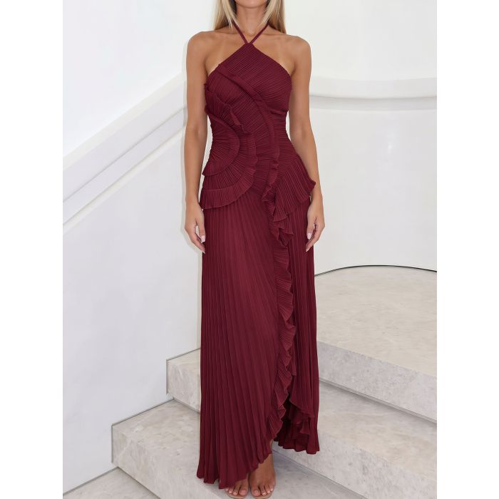 Asymmetrical Ruffle High Neck Resort Chiffon Pleated Midi Dress