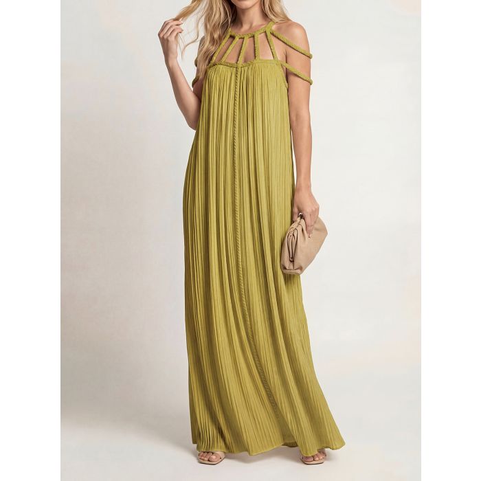 Resort Cage Neck Braided Wrap Tie Cutout Back Pleated Maxi Dress