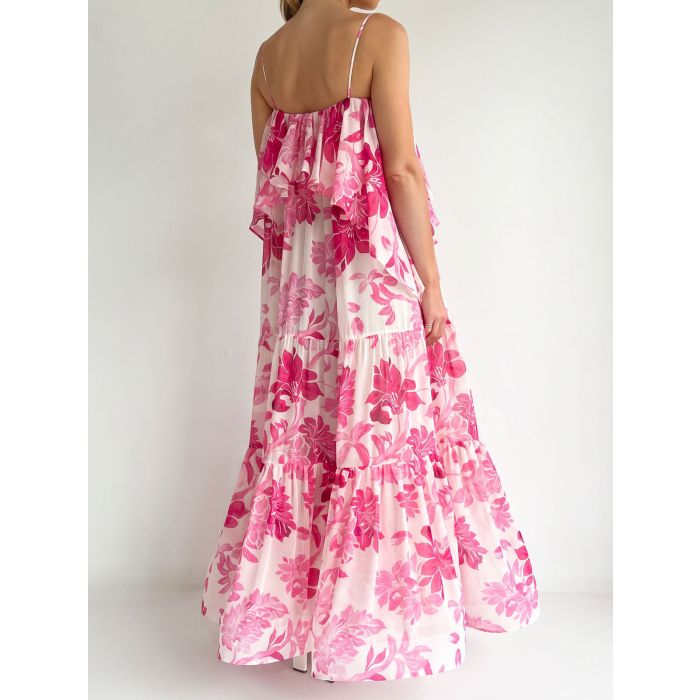 Vibrant Floral Square Neck Resort Tiered Ruffle Slip Maxi Dress