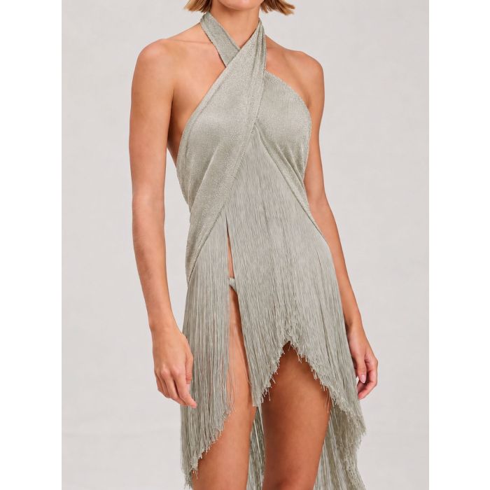 Sparkly Lurex Wrap Front Halter Tie Resort Asymmetrical Fringe Top