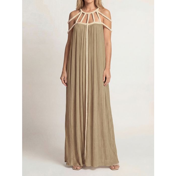 Resort Cage Neck Braided Wrap Tie Cutout Back Pleated Maxi Dress