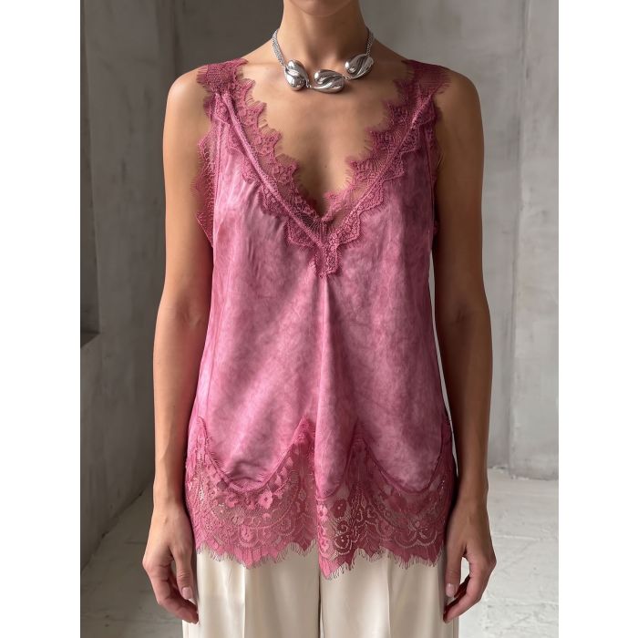 Vintage Eyelash Lace Deep V-Neck Resort Silky Satin Tank Top