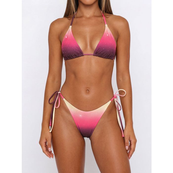 Crystal Gradient High-Leg Scrunch Triangle Two-Piece Bikini Set