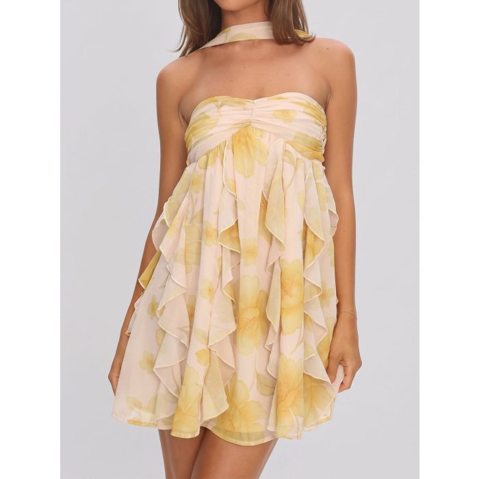 Flowy Ruffle Halter Sweetheart Resort Chiffon Floral Babydoll Mini…