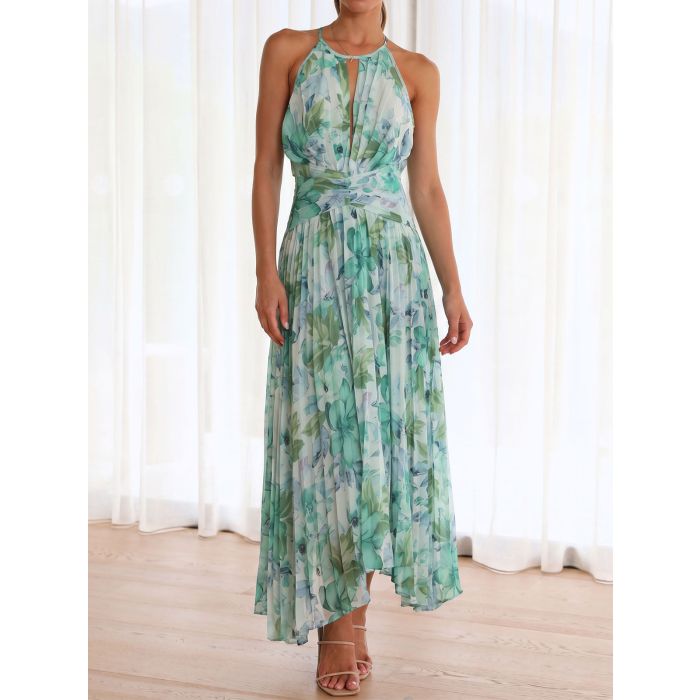 Watercolor Floral Ruched Waist Sleeveless Resort Pleated Midi Dress