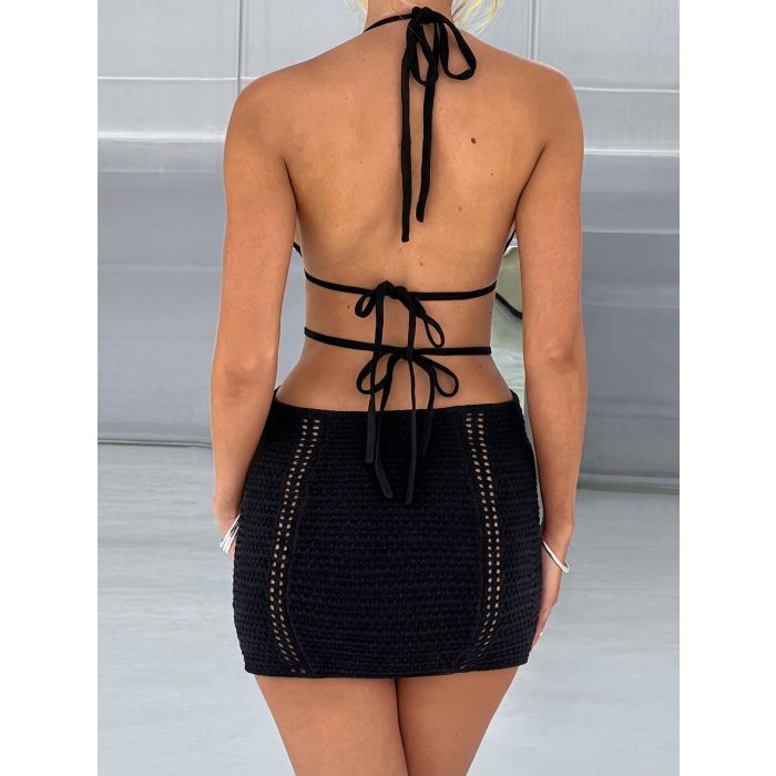 Flattering Plunge Halter Tie Backless Cutout Beach Crochet Knit Min…