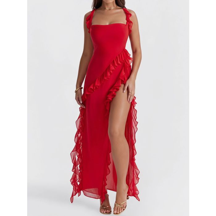 Flowy Ruffled Square Neck Sleeveless High Slit Sleeveless Midi Dress