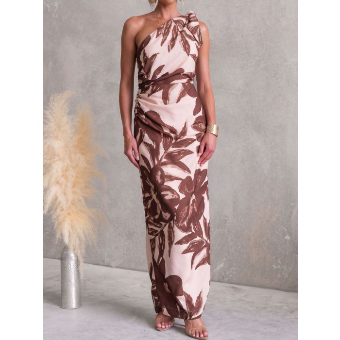 Tropical Tie One Shoulder Ruched Column Resort Printed Maxi Dress