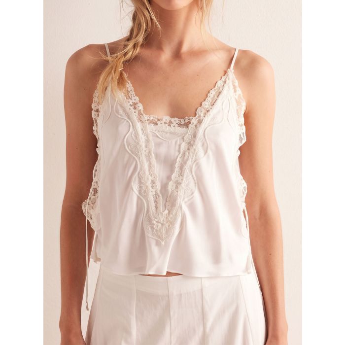 Vintage Floral Lace Tie Side Slit Resort Crop Cami Satin Top