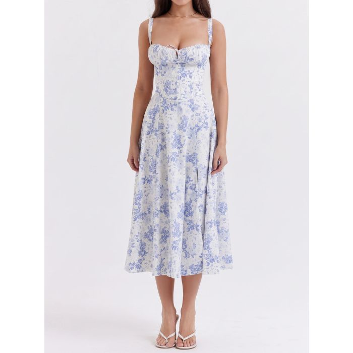 Flowy Tie Front Sweetheart Lace Up Resort Slit Floral Midi Sundress