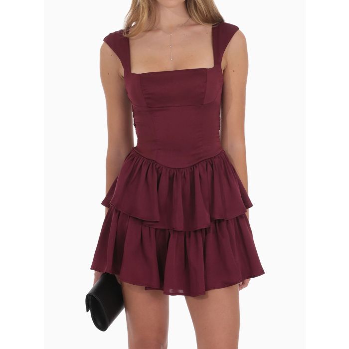 Playful Square Neck Cap Sleeve Resort Layered Ruffle Mini Dress