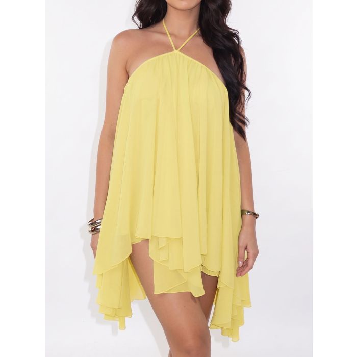 Flowy Halter Tie Open Back Resort a Line Layered Chiffon Mini Dress