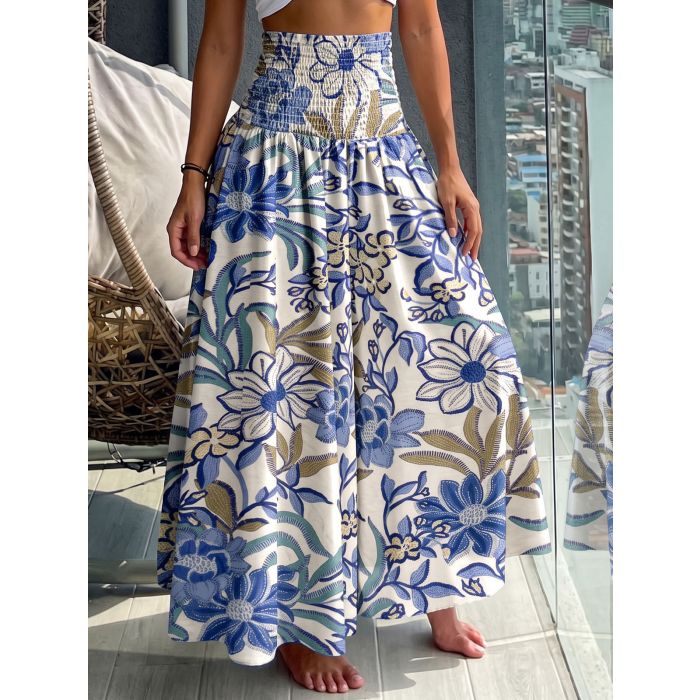 Relaxed Smocked High Waist Tropical Wide Leg Resort Palazzo Pants