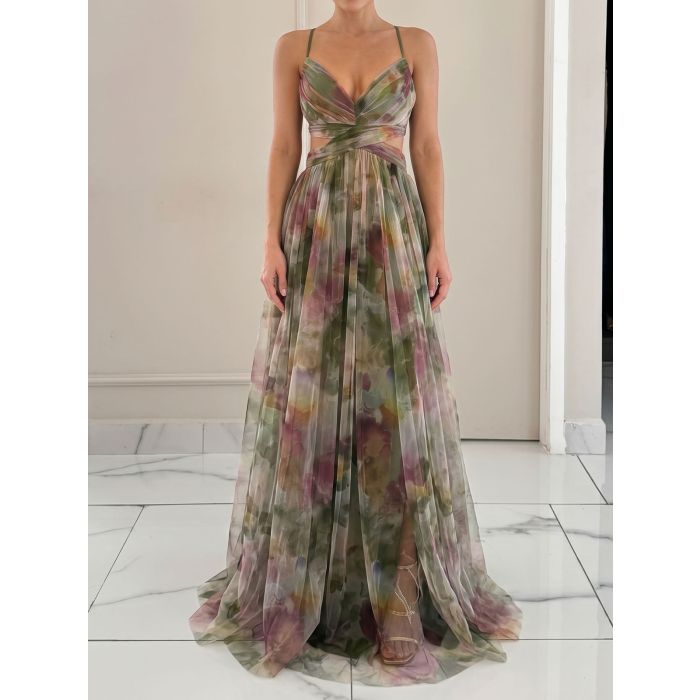 Flowy V-Neck Watercolor Floral Mesh Sleeveless Wrap Cutout Maxi Dre…