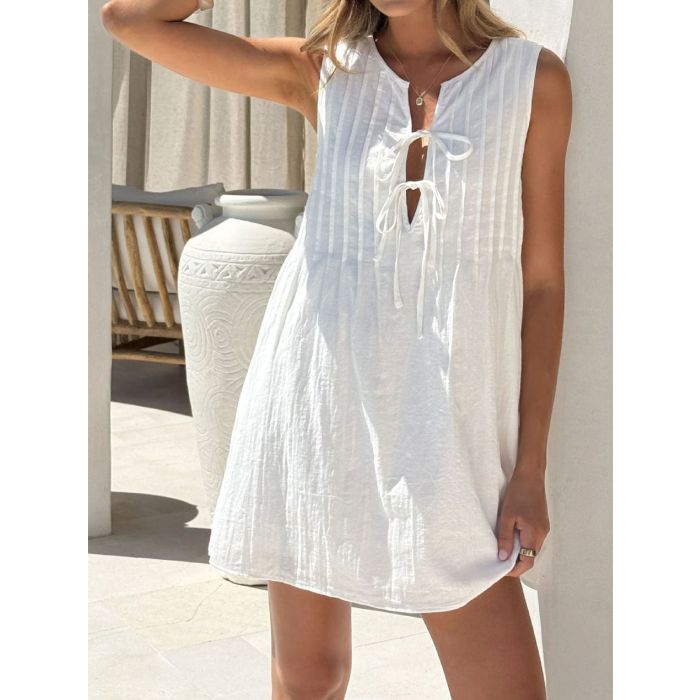 Chic Bow Tie V-Neck Pocket Resort Pintuck Mini Sundress