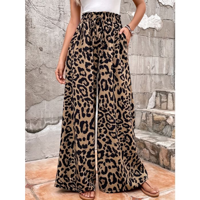 Vintage Leopard Front Tie High Waist Resort Wide Leg Palazzo Pants