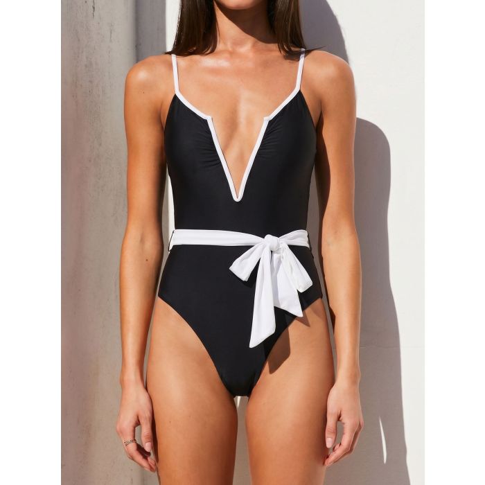 Flattering Contrast V Wire Plunge Neck Belted One-Piece Swimsuit