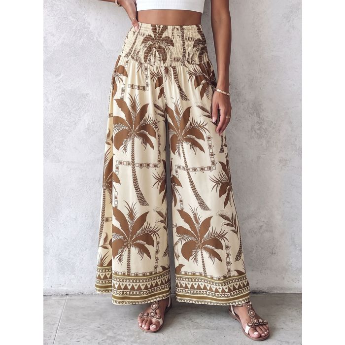 Relaxed Smocked High Waist Tropical Wide Leg Resort Palazzo Pants
