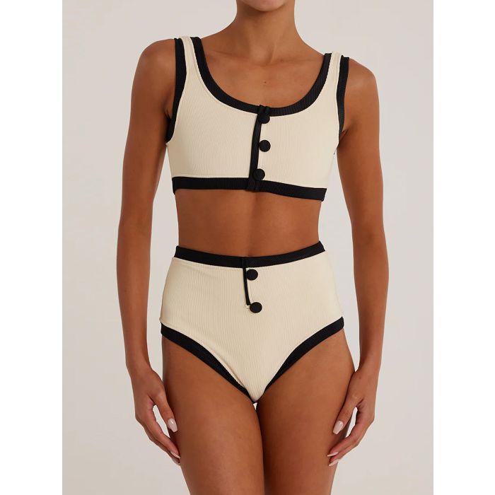 Contrast Button High Waist Luxury Ribbed Two-Piece Bikini Set