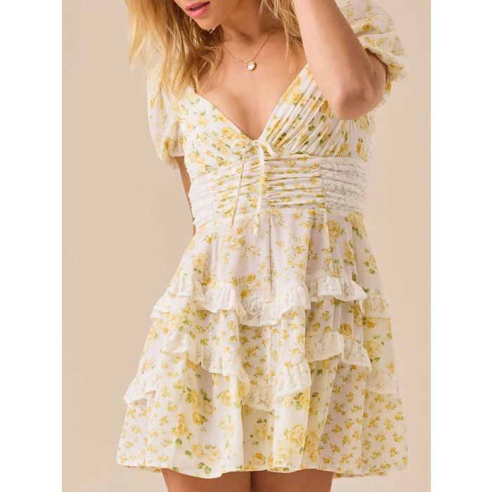 Retro Floral Puff Sleeve Pleated Resort Lace Tiered Ruffle Mini Dre…