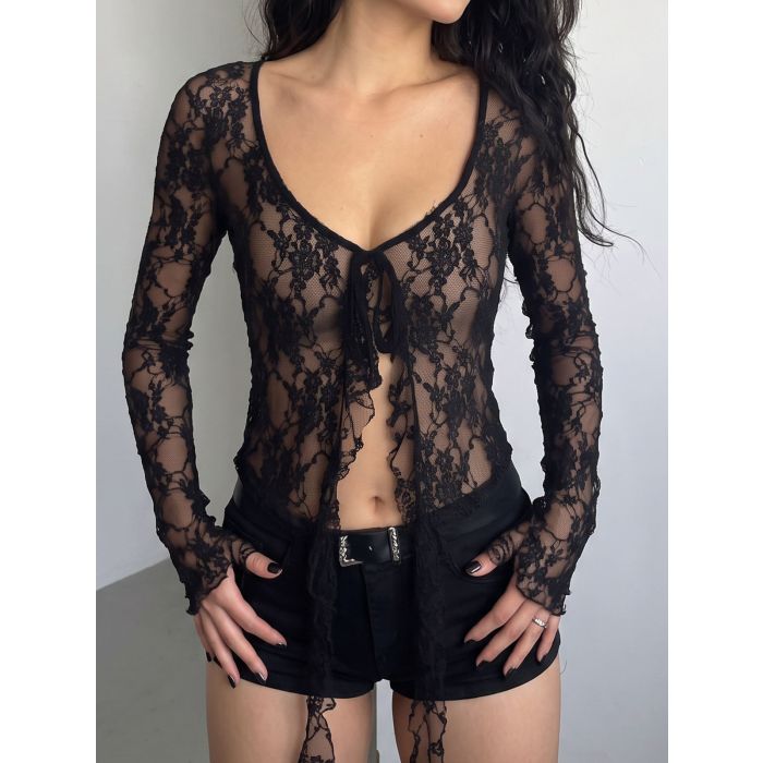 Feminine Ruffle Long Sleeve Resort Tie Front Crop Lace Top