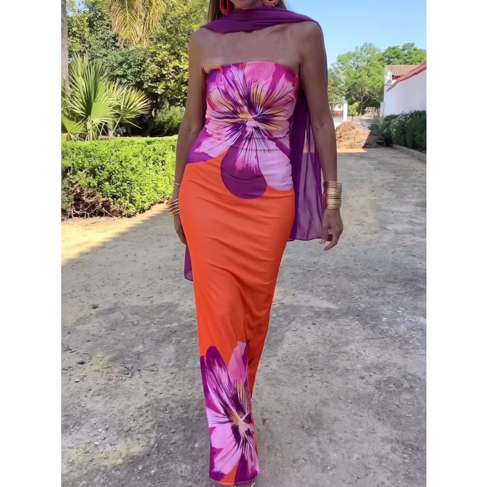 Summer Resort Column Strapless Watercolor Floral Printed Maxi Dress