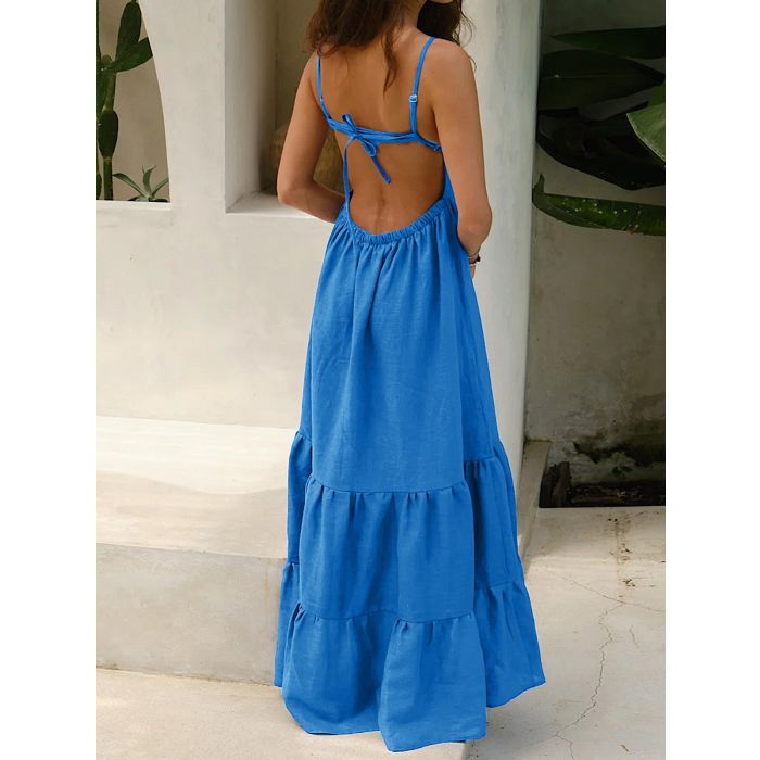Flattering Tie Back Cotton Blend Resort Ruffle Tiered Maxi Sundress