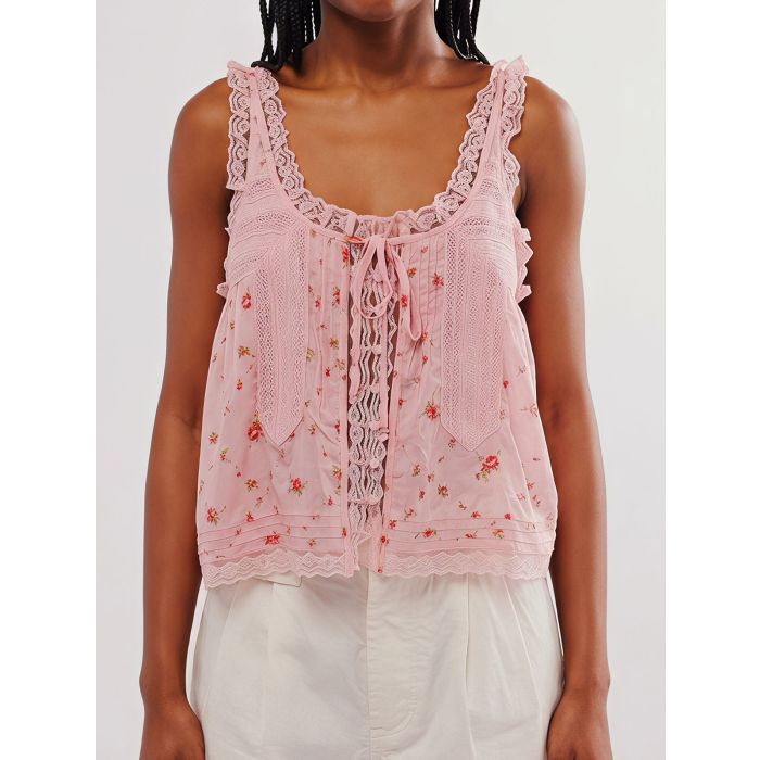 Relaxed Chic Ruffled Tie Front Button Up Resort Lace Crop Tank Top