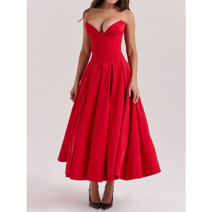 Flattering Bustier Strapless Corset Fit Flare Resort Pleated Midi D…
