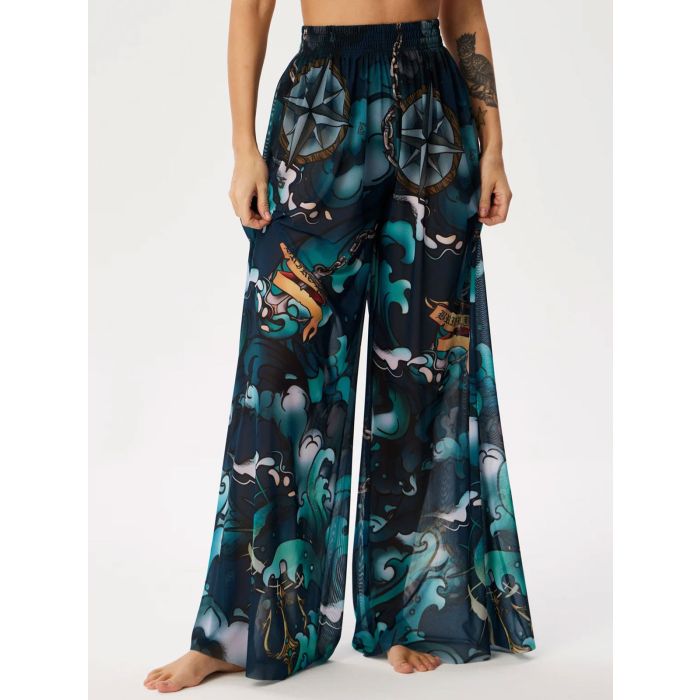 Tropical Printed Ruched High Waist Resort Wide Leg Pants
