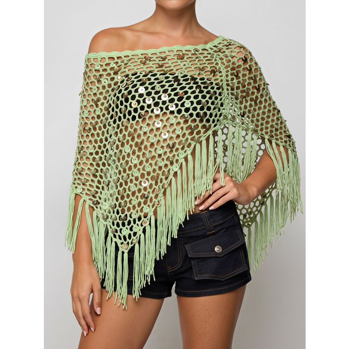 Sparkly Sequin Boat Neck Macrame Fringe Resort Crochet Knit Poncho…