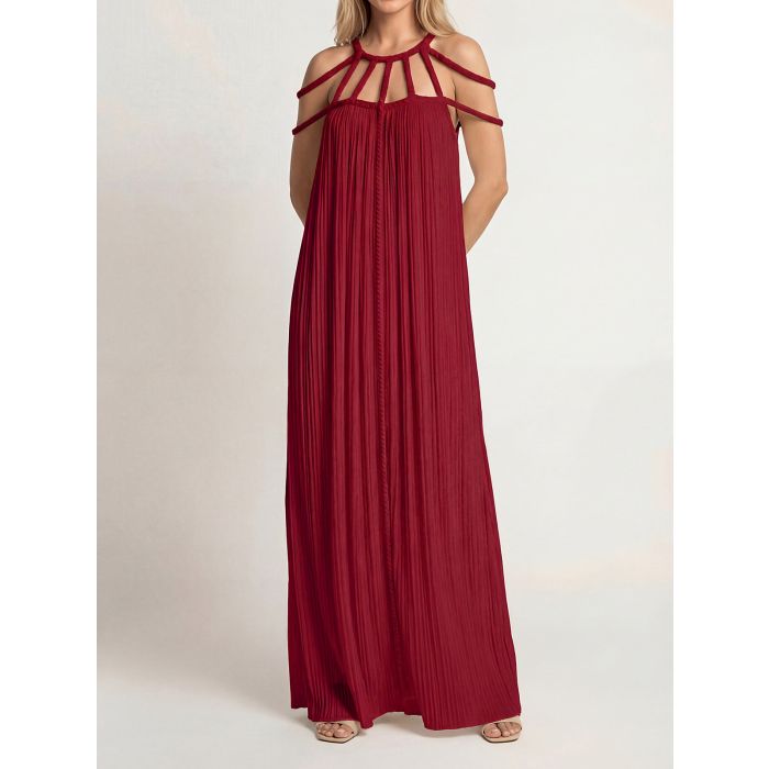 Resort Cage Neck Braided Wrap Tie Cutout Back Pleated Maxi Dress