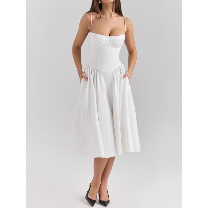 Flattering Bustier Corset Drop Waist Fit and Flare Resort Slip Midi…