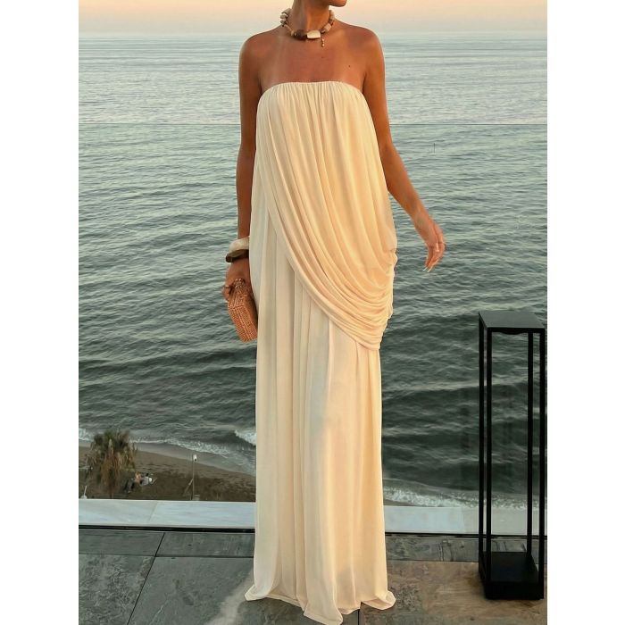 Goddess Tube Top Ruched Draped Chiffon Resort Strapless Maxi Dress