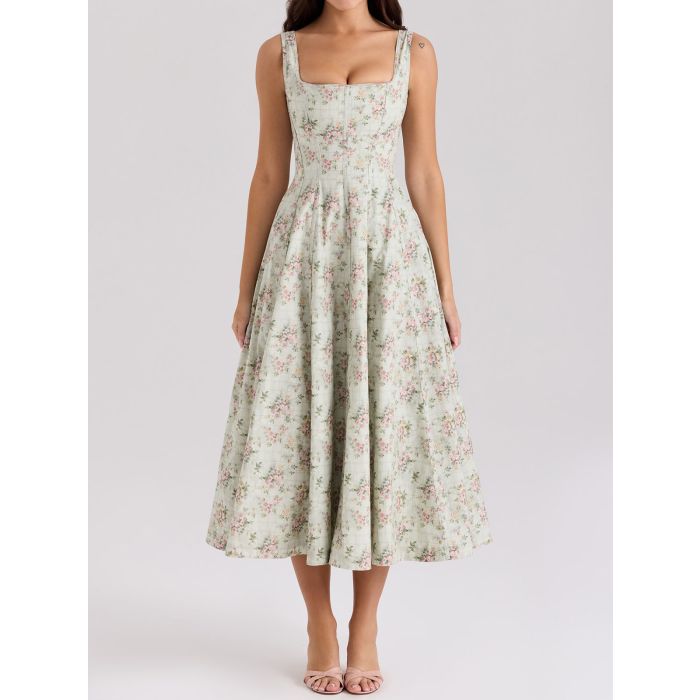Romantic Square Neck Lace Up Back Resort Floral Midi Sundress