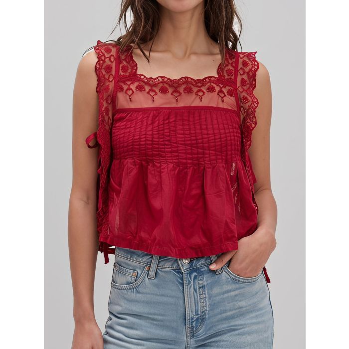 Playful Floral Lace Square Neck Resort Tie Side Crop Pintuck Tank T…