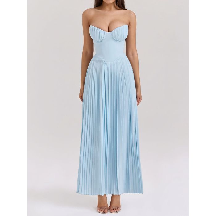 Elegant Bustier Strapless Fit Flare Drop Waist Resort Pleated Midi…