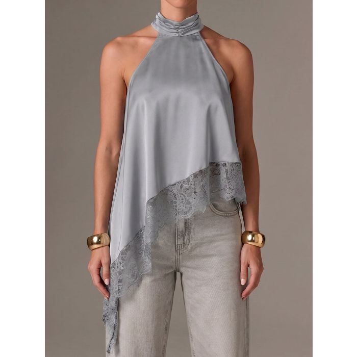 Asymmetrical Scalloped Lace Resort High Neck Silky Satin Top