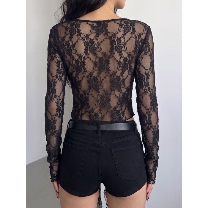 Feminine Ruffle Long Sleeve Resort Tie Front Crop Lace Top