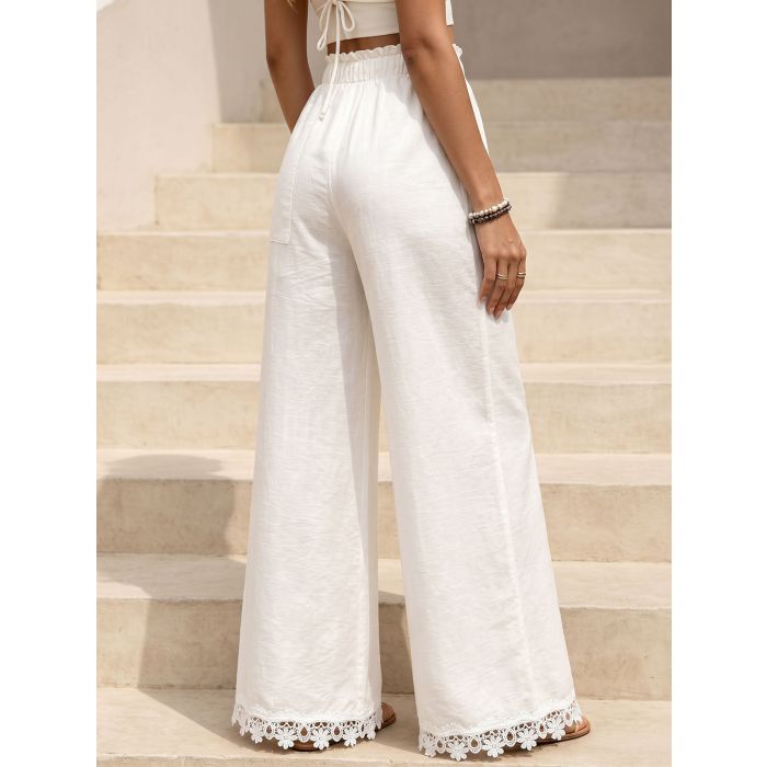 Relaxed Front Tie High Waist Pocket Lace Wide Leg Resort Pants