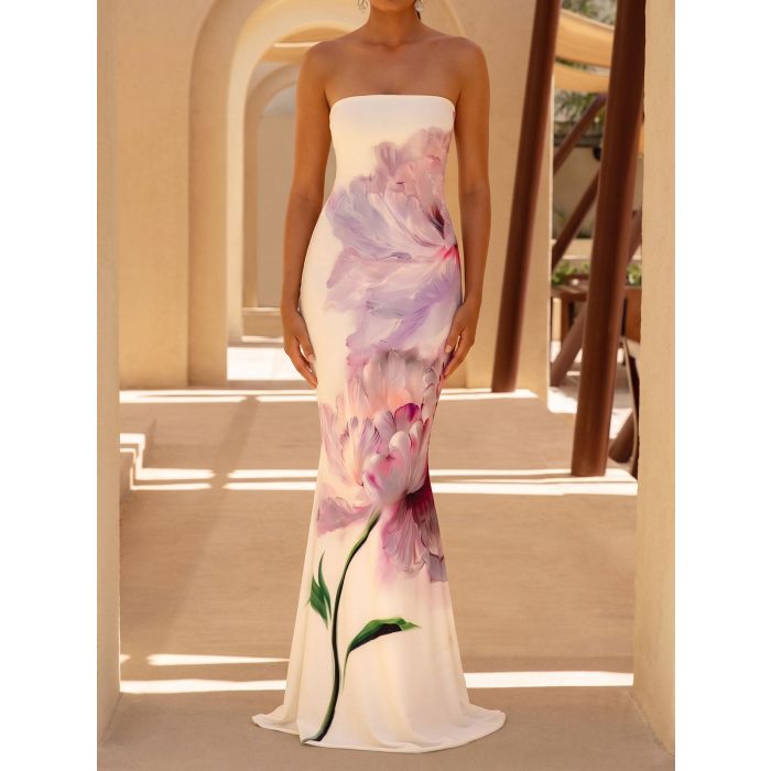 Vibrant Ombre Floral a Line Summer Resort Strapless Maxi Dress