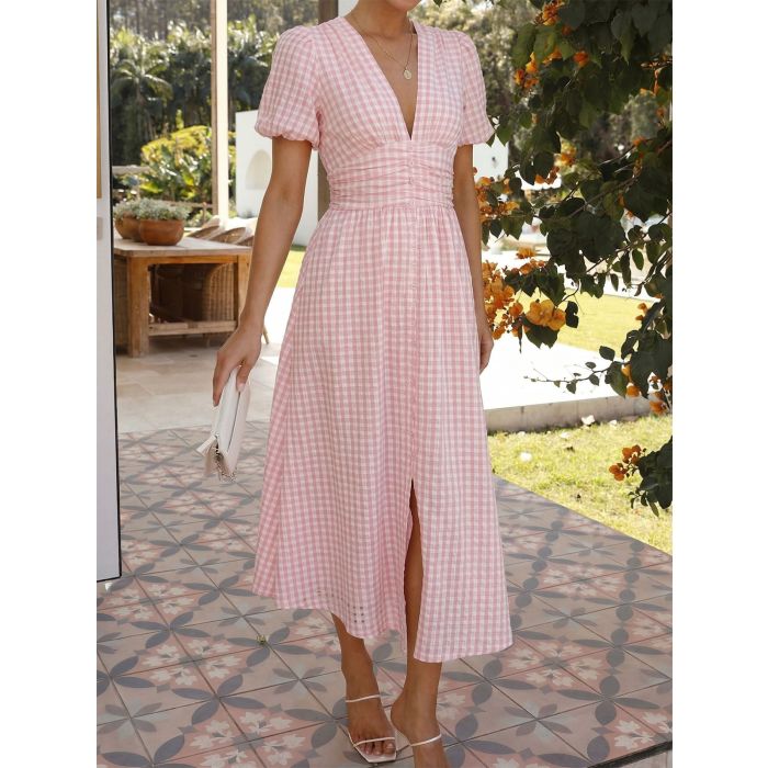 Elegant V-Neck Ruched Waist Resort Seersucker Puff Sleeve Midi Dress